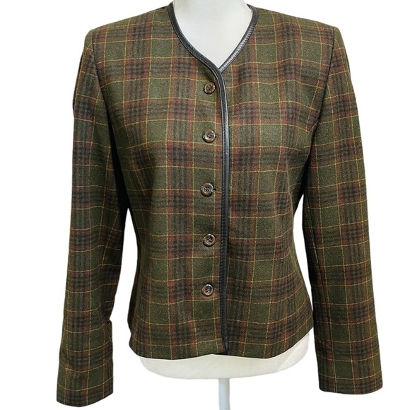 Vintage Pendleton Wool Plaid Leather Trim Jacket Blazer Size 8 Olive/Brown - Picture 1 of 12